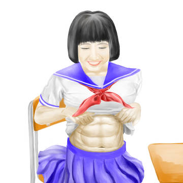服をめくって腹筋を見せる少女