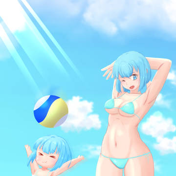 ビーチで遊ぶ姉妹