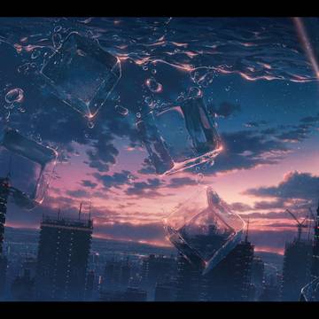 夜明けの空と氷水