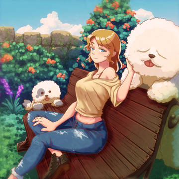 ベンチと庭と犬とジーンズ少女