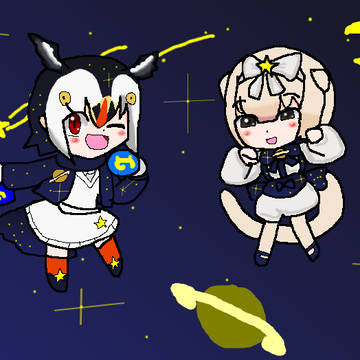 パフィンちゃんとヒメアリクイちゃんの宇宙アレンジ