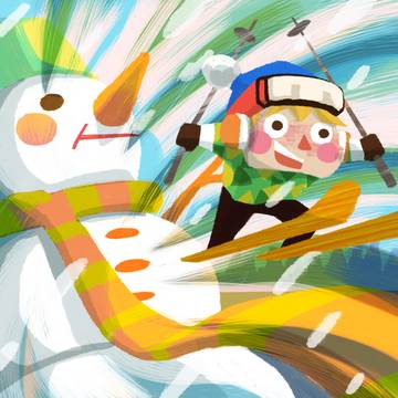 『巨体な雪だるまからスキージャンプで飛び出す』イラスト。