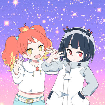 記念撮影をする磁富モノエ (VOMS)&緋笠トモシカ(VOMS)