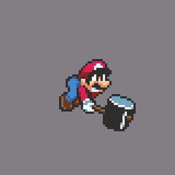 空中でハンマーを振るマリオさん。