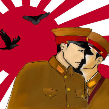 満州の赤い夕日照らされる二人