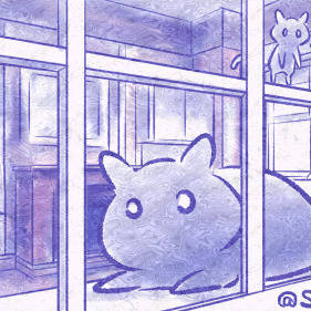 窓の外のフウセンウオを見る猫たち
