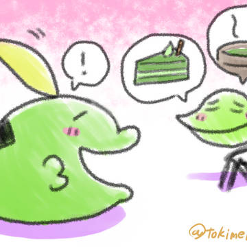 お茶談議に花を咲かせるゴクリンちゃんとはのちゃんのイラスト