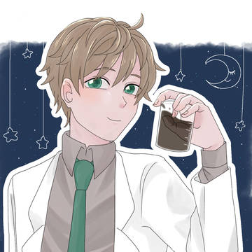 ビーカーでコーヒーを飲む男