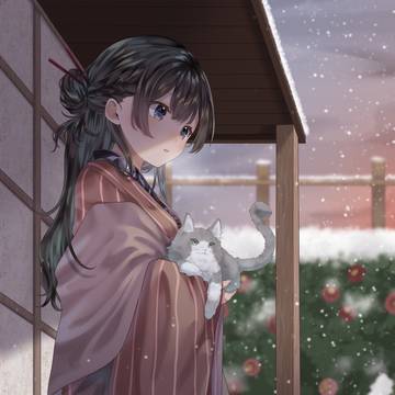 猫ちゃんと雪見