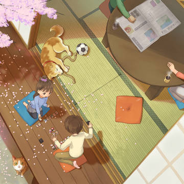 縁側で花札