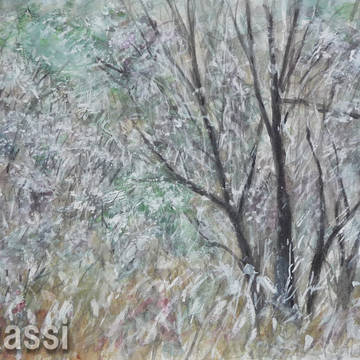 霧氷の山並み　水彩画
