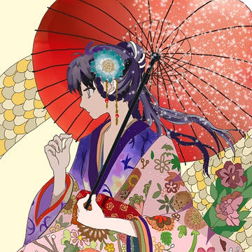 ピンクの着物　日本傘