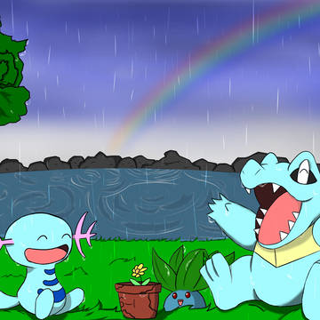 梅雨のワニノコとウパーとナゾノクサ