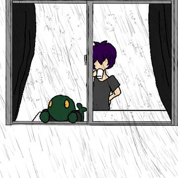 窓際で雨空を