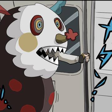 電車に乗って帰宅するお菓子の魔女