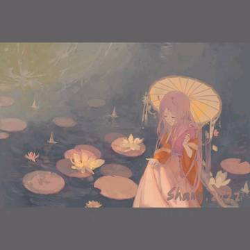 荷花与伞下少女