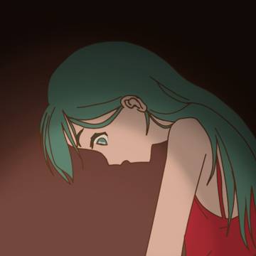 Hatsune miku looking down in red