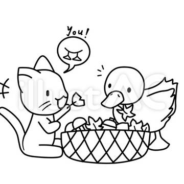 【ぬりえ】猫とアヒルの紅葉狩り【イラストAC】