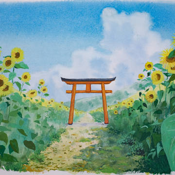 ひまわり畑と鳥居