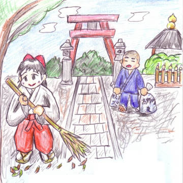 【2004暑中見舞い】寺社仏閣の日常。巫女さんと見習い坊主