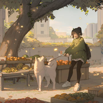 云兮遛修狗路过水果摊