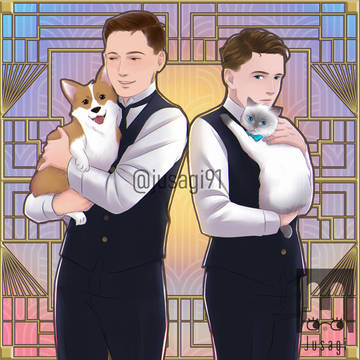 Two men with a dog and a cat