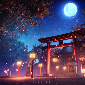 夜桜と神社