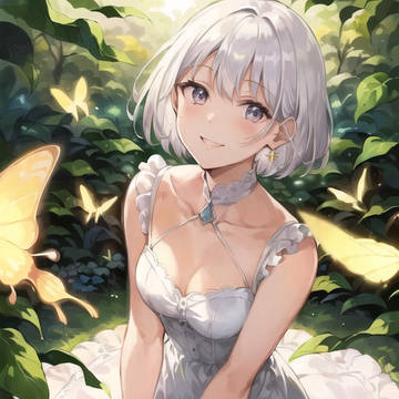森林でぺたん座りする少女