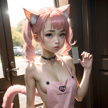Pink Catgirl wearing apron