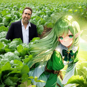 キャベツ畑にいるエルフの女の子とニコラスケイジ