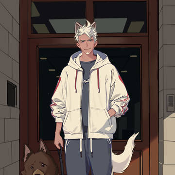 白发遛狗少年