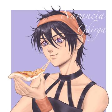 Narancia eating pizza