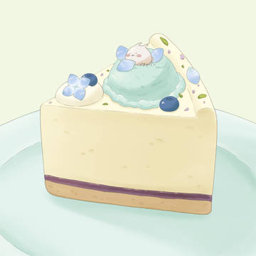 あじさいのレアチーズケーキにのってるまるまるつるっとしたうさぎ