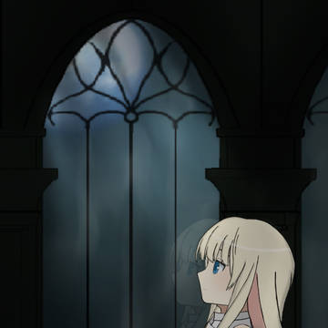 窓際で月を見ている少女。
