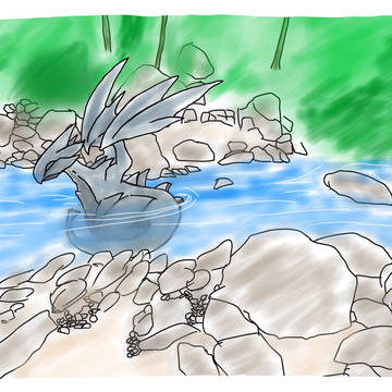彼だって川で涼しみたい、けれど翼は濡らしたくない