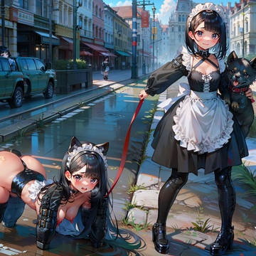 散步的小狗和女主人