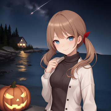 ユーリィがハロウィンに海岸で座っている