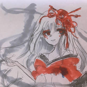 白髪女性×赤い着物