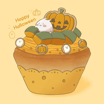かぼちゃのカップケーキに隠れるまるまるつるっとしたうさぎ