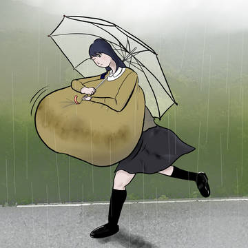 雨が降ってきて焦る子