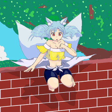 レンガの塀をぴょんと