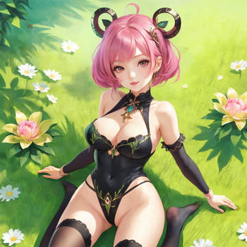 Cute pink haired girl on grass