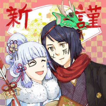 描き初め　神里綾華と九条裟羅