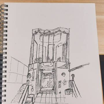 地下行きエレベーターと待合室 ペン画