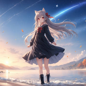 秋日海岸的少女