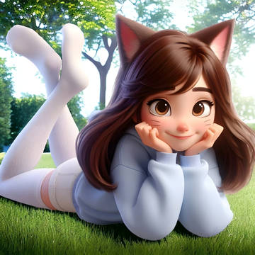 cat girl lying on the grass