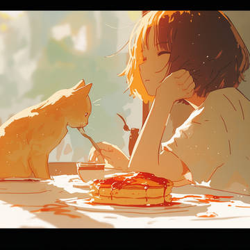 朝光に照らされる猫と少女