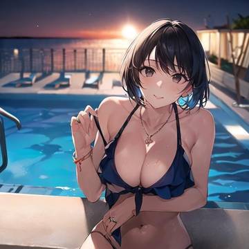 夕阳下的泳池巨乳美女