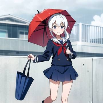 雨の日に制服に長靴を履いた少女