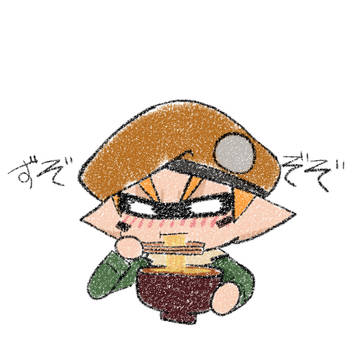 カレーうどんをすするアミくん
